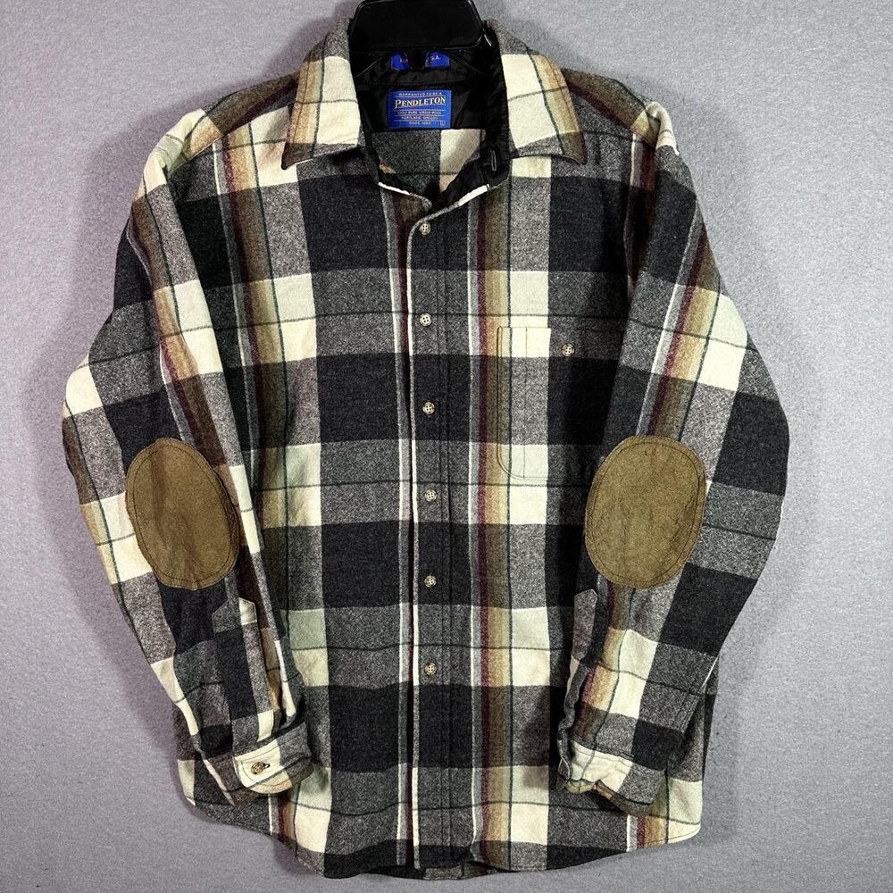 Vintage Pendleton Shirt Mens Large Gray Plaid Wool Made in USA Elbow Patches
